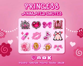 Princess Pack · 12 Animated Emotes · Cute Pink Emoji · Kawaii Kaomoji · Twitch, Discord, Kick, Youtube · Pixel Stream GIF