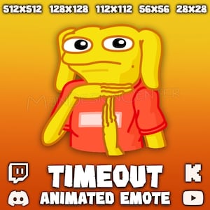 May include: Animated emote featuring a yellow cartoon character in a red shirt and scarf, with the text "TIMEOUT" and "ANIMATED EMOTE". The background is a gradient of orange and yellow.