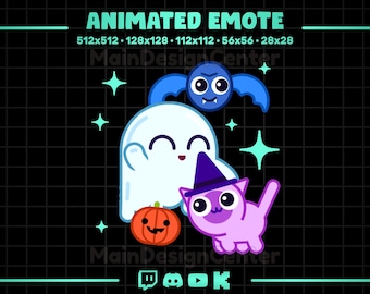 Party Animated Emote · Kawaii Ghost, Cat, Bat Emoji · Halloween Raid · Twitch, Discord, Kick, YouTube · Follow Alert · Streaming Assets