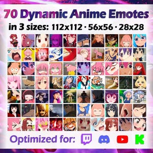 May include: A collage of 70 dynamic anime emotes in three sizes: 112x112, 56x56, and 28x28. The emotes are optimized for Twitch, Discord, YouTube, and  Kick. The emotes feature a variety of characters with different expressions.