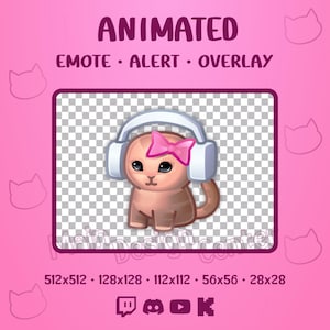 Söt kattunge med rosett, animerad emote, banger, strömöverlägg, kawaii, följaravisering, Twitch, Discord, YouTube, Kick, musik, dans, hype