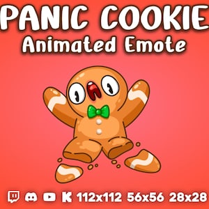 Puede incluir: Emoticono animado de un hombre de jengibre con una pajarita verde, que se rompe en pedazos. El texto "PANIC COOKIE Animated Emote" está en la parte superior de la imagen. La imagen también incluye iconos de Twitch, Discord, YouTube y K, así como el texto "112x112 56x56 28x28".