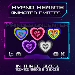 Peut inclure: Illustration numérique de six emotes de cœur animés avec des motifs hypnotiques de différentes couleurs. Le texte indique "HYPNO HEARTS ANIMATED EMOTES" et "MAINDESIGNCENTER". Les emotes sont disponibles en trois tailles : 112x112, 56x56 et 28x28 pixels.