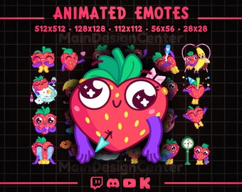 Strawberry Animated Emotes · 24 Kawaii Berry Emoji · Flirty Chat Collection · Twitch, Discord, Youtube, Kick · Dancing · Hearts · Love