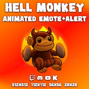 May include: A cartoon illustration of a brown monkey with horns and a fiery background. The text "HELL MONKEY ANIMATED EMOTE+ALERT" is at the top. Social media icons and size dimensions are at the bottom.
