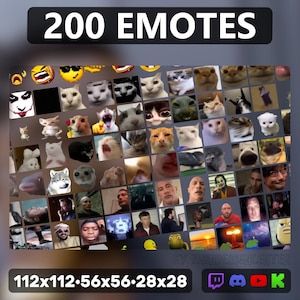 200 high quality emotes for Twitch, Discord, Youtube, Kick · animated & static · All in one set: memes, anime, cats, cinema characters etc.