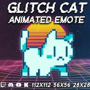 May include: A pixelated blue cat with a sad expression, set against a retro-style background with a sunset and a grid pattern. The text "GLITCH CAT ANIMATED EMOTE" is at the top of the image. The text "112X112 56X56 28X28" is at the bottom of the image.