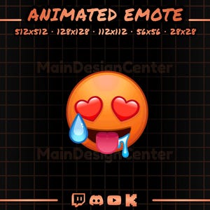 May include: Animated emote with a smiling face, heart eyes, and a tongue sticking out. The emoji is orange with red hearts for eyes, a blue teardrop, and a pink tongue. The background is black with a grid pattern.