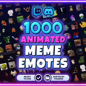 Puede incluir: Una colección digital de 1000 emoticonos animados de memes con varios personajes e iconos. El texto 1000 ANIMATED MEME EMOTES aparece en letras grandes blancas y azules, con los logotipos de Twitch y Discord arriba y botones con las etiquetas READY TO USE y SORTED BY FOLDERS abajo.