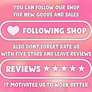 May include: Pink and white graphic with text encouraging viewers to follow the shop and leave reviews. The text includes "FOLLOWING SHOP" and "REVIEWS" with five stars, set against a gradient pink background.
