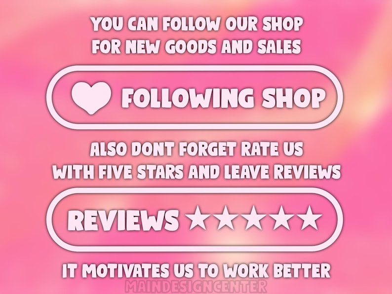 May include: Pink and white graphic with text encouraging viewers to follow the shop and leave reviews. The text includes "FOLLOWING SHOP" and "REVIEWS" with five stars, set against a gradient pink background.