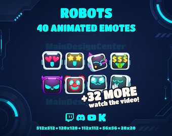 40 Robots · Animated Bot Emotes · Twitch, Discord, YouTube, Kick · Follow Alerts · Funny Stream Overlays