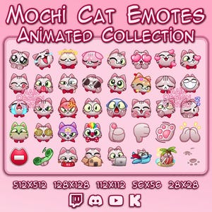 Gato Mochi · 40 emoticones animados · Emojis de animales kawaii lindos · Emoticones de patas · Twitch, Discord, YouTube, Kick · Chill · Gatos voladores