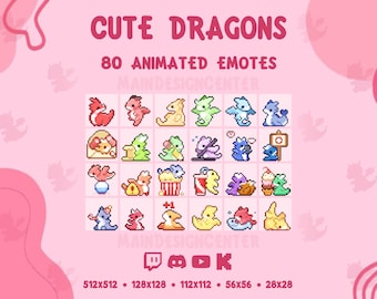 Cute Dragons · 80 Animated Pixel Emotes · Twitch, Discord, Youtube, Kick · Cozy GIF for Chat