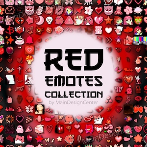 May include: A collection of red emotes on a red and black background. The image features various cartoon-style graphics, including hearts, stars, and anime-style characters. The text "RED EMOTES COLLECTION" is prominently displayed.