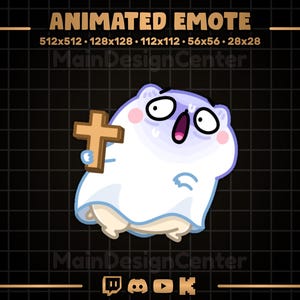 May include: Animated emote of a cartoon ghost holding a wooden cross. The ghost has a surprised expression with wide eyes and an open mouth. The background is black with a grid pattern and gold text that reads "ANIMATED EMOTE".