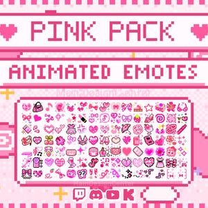 May include: A digital collection of pixel art animated emotes titled PINK PACK ANIMATED EMOTES. The set features a wide variety of small pink icons including hearts, bows, clothing, accessories, and musical notes arranged in a grid layout.