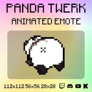 May include: Pixelated animated emote of a panda twerking, with a white body and black legs and ears. The text "PANDA TWERK ANIMATED EMOTE" is at the top. The image includes the dimensions 112x112, 56x56, and 28x28.