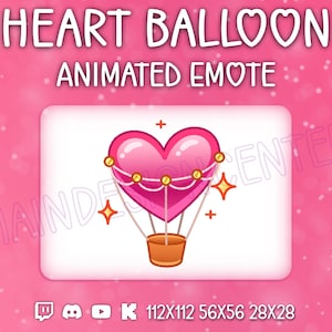 Puede incluir: Emote animado de un globo con forma de corazón con detalles dorados y destellos. El globo es rosa y tiene una cesta debajo. El texto "HEART BALLOON ANIMATED EMOTE" está en la parte superior de la imagen. El texto "112X112 56X56 28X28" está en la parte inferior de la imagen.