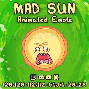Animowana emotka szalonego słońca · Emotikona Ricka i Morty'ego · Twitch, Discord, Youtube, Kick · emoji czatu strumieniowego · kolorowy dynamiczny gif · mem