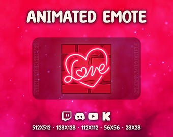 May include: Animated emote with a neon heart design that says "Love" on a red brick background. The background is a gradient of pink and red with white sparkles. The text "ANIMATED EMOTE" is at the top.