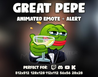 Great Pepe Animated Emote · Cheers Frog Emoji · Twitch, Discord, Youtube, Kick · Meme GIF · Gatsby Follow Alert · Celebration Stream Overlay
