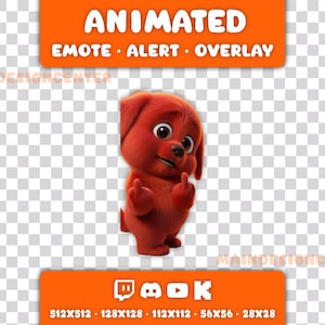 Könnte beinhalten: Animierter roter Hund, der den Mittelfinger zeigt. Das Bild enthält den Text "ANIMATED EMOTE ALERT OVERLAY" in einem orangefarbenen Banner. Zusätzlicher Text und Social-Media-Symbole sind unten zusammen mit den Größenangaben vorhanden.