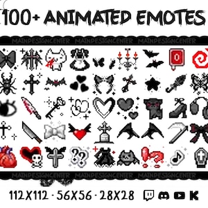 May include: A collection of over 100 animated emotes in a pixel art style, featuring gothic and spooky themes. Includes icons of bats, hearts, crosses, and other dark imagery. The text "100+ ANIMATED EMOTES" is at the top.