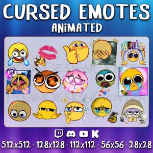 May include: A digital graphic featuring a collection of animated "Cursed Emotes" with various expressions, including crying, thumbs up, and kissing lips. The image includes text that reads "Cursed Emotes Animated" and various social media icons with size dimensions.