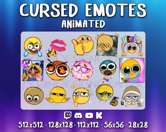 Cursed emotes · animated bundle · perfect for Twitch, Discord, Youtube, Kick · chat reactions · streaming assets · trolling · raid · hype