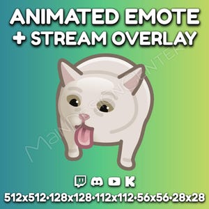 Könnte beinhalten: Animierter weißer Katzen-Emote mit herausgestreckter Zunge, vor einem Farbverlauf aus Türkis und Gelb. Der Text oben lautet "ANIMATED EMOTE + STREAM OVERLAY". Enthält Social-Media-Symbole und Abmessungen.