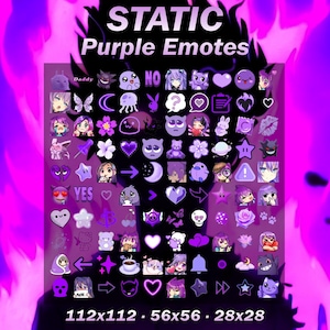 May include: A collection of purple static emotes in various sizes, including 112x112, 56x56, and 28x28 pixels. The emotes feature a variety of designs, including hearts, stars, arrows, and faces.