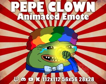 Clown Pepe animiertes Emote · Frosch-Emoji mit angehauchten Nasen · Twitch, Discord, YouTube, Kick · Weinender Clown Meme GIF · Lustige Chat-Reaktion