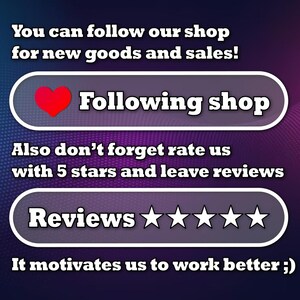 May include: A graphic with a red heart and the text "Following shop". Below it is the text "Also don't forget rate us with 5 stars and leave reviews". Below that is the text "Reviews" with five white stars.