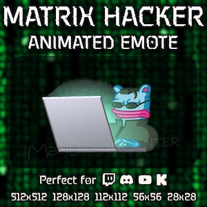 Puede incluir: Un emote animado con un personaje de rana azul con gafas de sol y una chaqueta verde, trabajando en una computadora portátil. El texto "MATRIX HACKER ANIMATED EMOTE" se muestra encima del personaje. El fondo es un patrón verde tipo matriz.