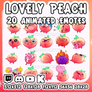 Peut inclure: Ensemble de 20 émoticônes animées de pêches avec diverses expressions, joyeuses, tristes et en colère. Le texte "LOVELY PEACH" et "20 ANIMATED EMOTES" est affiché en haut. Icônes de médias sociaux et tailles en bas.