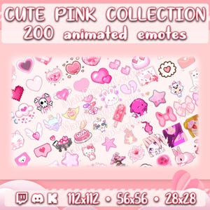 Può includere: Grafica rosa con il testo "CUTE PINK COLLECTION" e "200 animated emotes". L'immagine presenta numerose emoticon animate rosa, tra cui cuori, stelle e personaggi dei cartoni animati. L'immagine include anche le dimensioni 112x112, 56x56 e 28x28.