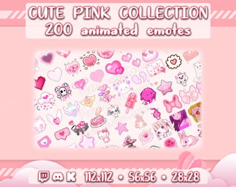 200 pink emotes · kawaii animated emoji · Twitch, Discord, Kick · cute server emoticons · funny streaming set · chat · anime · pixel · girls