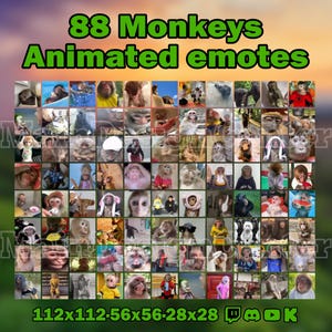 May include: A collage of 88 animated monkey emotes in various poses and expressions. The emotes are arranged in a grid pattern and are all different sizes. The emotes are all in color and are set against a white background. The text "88 Monkeys Animated Emotes" is at the top of the image. The text "112x112-56x56-28x28" is at the bottom of the image.
