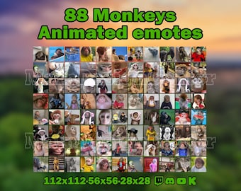 May include: A collage of 88 animated monkey emotes in various poses and expressions. The emotes are arranged in a grid pattern and are all different sizes. The emotes are all in color and are set against a white background. The text "88 Monkeys Animated Emotes" is at the top of the image. The text "112x112-56x56-28x28" is at the bottom of the image.