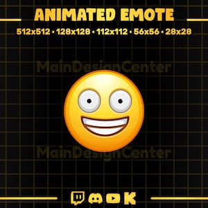 May include: Animated emote with a yellow smiling face with wide eyes. The background is black with a grid pattern and gold horizontal lines. The text "ANIMATED EMOTE" is at the top, with size dimensions. Social media icons are at the bottom.