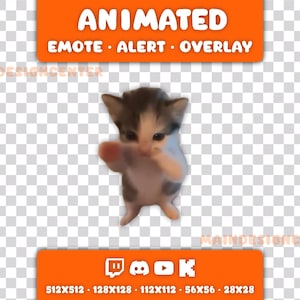 Può includere: Grafica animata per emote, avvisi e overlay, raffigurante un gattino con macchie bianche e marroni in posa giocosa. L'immagine include il testo "ANIMATED EMOTE ALERT OVERLAY" e icone di social media. Progettato per piattaforme come Twitch, Discord e YouTube.