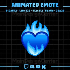 May include: Animated emote of a blue heart in blue flames, set against a black grid. The text "ANIMATED EMOTE" is at the top. Includes size options for platforms like Twitch. The design is from MainDesignCenter.