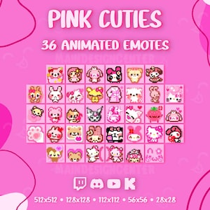 May include: A digital collection titled PINK CUTIES 36 ANIMATED EMOTES featuring a grid of pixel art characters in shades of pink, white, and black. The display includes icons for Twitch, Discord, YouTube, and Kick, with sizes 512x512 to 28x28.