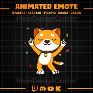 May include: Animated emote featuring a cartoon Shiba Inu dog with orange and white fur, wearing a brown collar with a gold charm. The dog is celebrating with arms raised, surrounded by confetti. Text at the top reads "ANIMATED EMOTE".