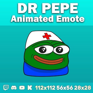 Può includere: Un'immagine digitale di una rana verde che indossa una cuffia da infermiere bianca con una croce rossa. Il testo DR PEPE Animated Emote è visualizzato sopra, con icone di piattaforma e le dimensioni 112x112, 56x56 e 28x28 elencate sotto.