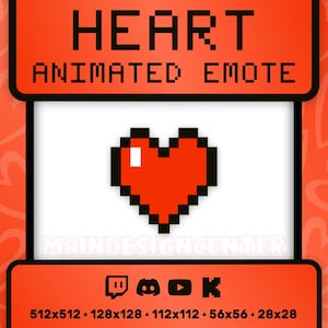 May include: A digital graphic featuring a pixelated red heart, labeled "HEART ANIMATED EMOTE." The design includes social media icons and size specifications. The background is a gradient of orange and white with heart shapes.