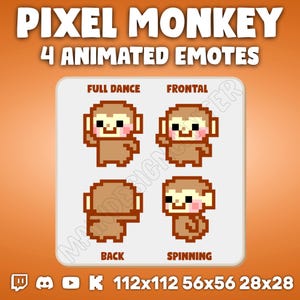 Pode incluir: Quatro emojis animados de pixel art de um macaco marrom com bochechas rosadas. Os emojis são rotulados como "Full Dance", "Frontal", "Back" e "Spinning". Os emojis são de diferentes tamanhos: 112x112, 56x56 e 28x28.
