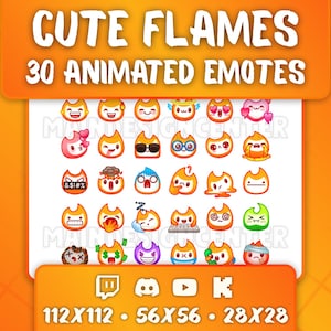 Op de afbeelding: Een set van 30 geanimeerde emotes met schattige vlammenfiguren in verschillende uitdrukkingen. De emotes zijn beschikbaar in drie formaten: 112x112, 56x56 en 28x28. De emotes zijn ontworpen voor gebruik op Twitch, Discord, YouTube en andere platforms.
