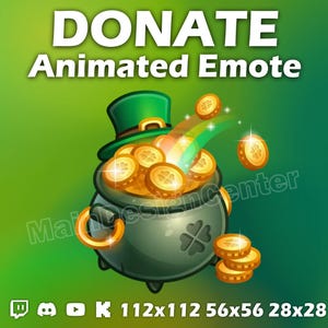 Puede incluir: Emoticono animado de un sombrero verde de duende desbordante de monedas de oro, con el texto "DONATE Animated Emote" encima de la imagen. La imagen también incluye el texto "112x112 56x56 28x28" debajo de la imagen.